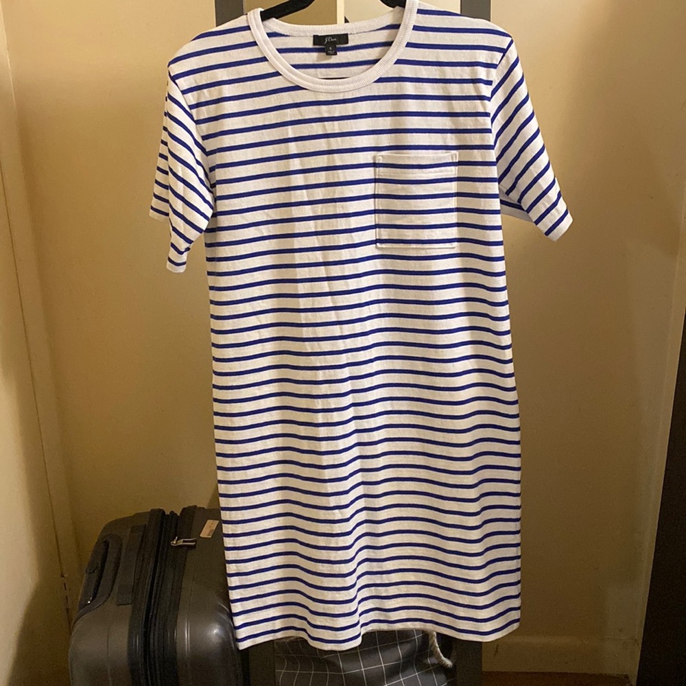 J.Crew White Blue Striped Cotton T-Shirt Dress Small
